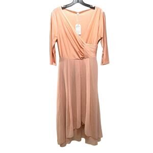 Size XL CLOTHES MENTOR Peach Stretch Chiffon Hi-lo Ruched Wrap 3/4 Sleeve Dress